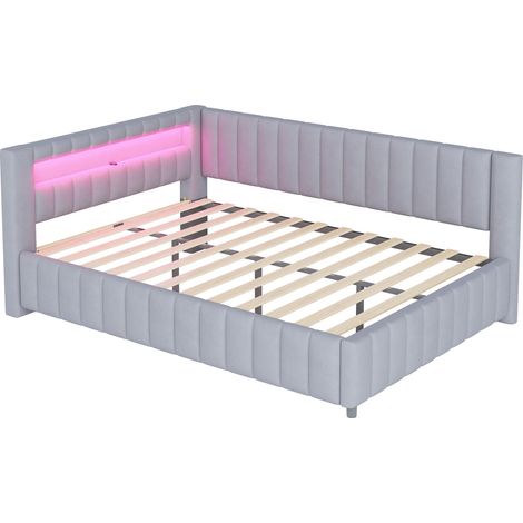Cama tapizada 140 x 200 cm de terciopelo gris con LED y puerto USB (1/5)