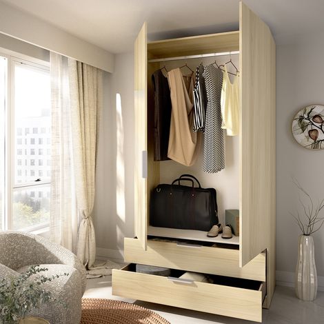 Armario 2 Puertas Montclare, Ropero Dormitorio con Barra, 2 Cajones, un Estante, 51x204 cm Alto, Marrón (1/5)