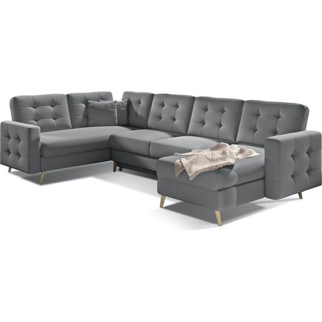 Canapé panoramique convertible capitonné simili cuir gris Gracia 320 cm (1/5)