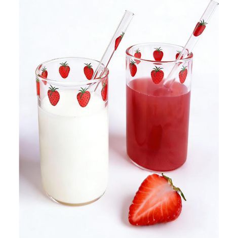 Verre À Paille - Verre En Verre Trempé Avec Motif Fraise - 300 Ml - Pour Eau Café Thé Jus - Lot De 2 Pièces (1/5)