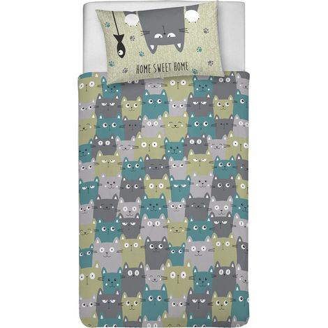 Parure de lit Simple 100% Coton, avec Sac 150 x 200 cm et 1 taie d'oreiller 52 x 82 cm, fabriquée en Italie, Housse de Couette Lavable en Machine à 40 °, Fantaisie Happycat Vert (1/5)