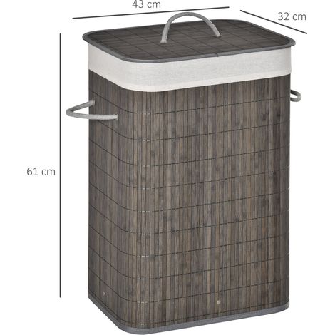 Panier à linge avec poignées et sac à linge lavable, rotin, polyester, coton, métal, 43 x 32 x 61 cm, gris (1/5)