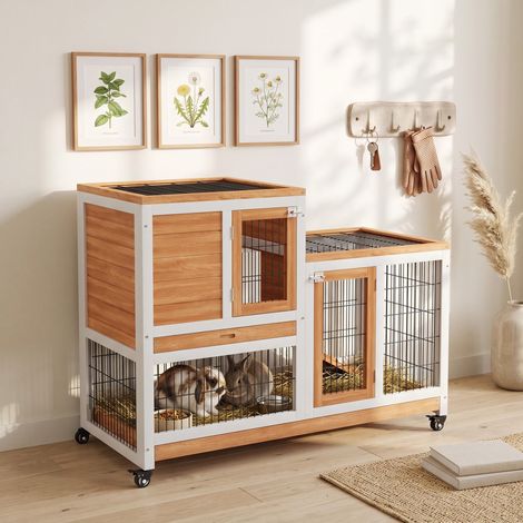 Clapier Lapin Intérieur sur Roulettes 2 Niveaux, Enclos, Rampe, 2 Portes Verrouillables, 2 Plateaux, 110x50x88cm, Jaune (1/5)