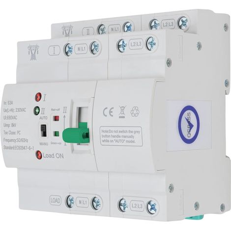 Commutateur de Transfert Automatique, ATS 4P 63A 400V pour Rail DIN Commutateur Bipolaire Double Alimentation, Commutateurde Charge Électrique pour Alimentation Triphasée