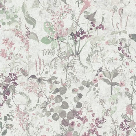 Papel pintado floral Profhome 388251 papel pintado vinílico estampado en caliente tejido non tejido texturado con ornamentos florales mate blanco gris-verdoso rosa violeta perlado 5,33 m2