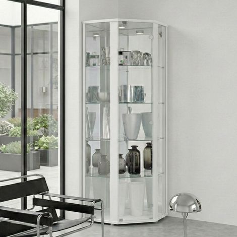 K-Möbel Vitrine d'Angle Blanc 176x56cm Miroir Serrure LED