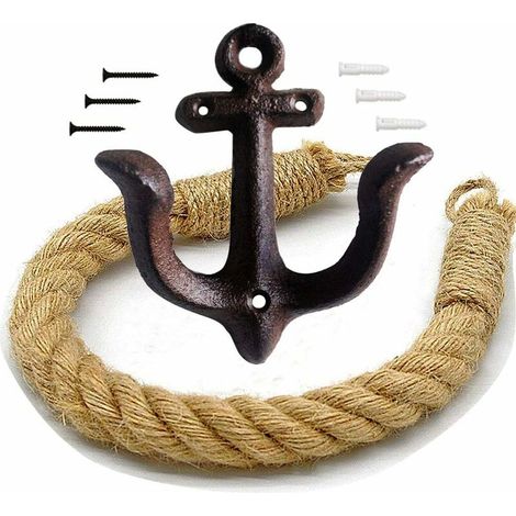 Porte-papier toilette en corde nautique, porte-serviettes de salle de bain, support de rideau mural, crochet en métal en forme d'ancre pour une décoration de salle de bain sur le thème de la plage.-Aq (1/5)