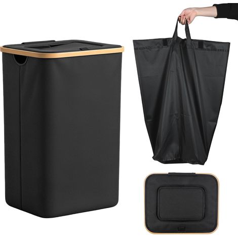 Panier à Linge avec Couvercle et Sac Intérieur Amovible 100L Corbeille à Linge Pliable Grande Capacité, Bac à Linge Sale avec Poignées pour Chambre, Buanderie, Salle de Bain, Noir (1/5)