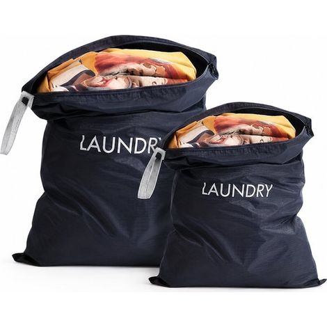 Lot de 2 grands sacs à linge – 60x90 cm – Pliables – Hydrofuges – Fermeture éclair – Bleu foncé – Voyage (1/5)