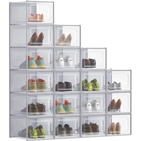 Boîtes à Chaussures, Rangement Chaussures en Plastique, Pliables et Empilables, pour Pointure Jusqu’à 47, Lot de 18, Transparent et Gris Tourterelle (1/5)