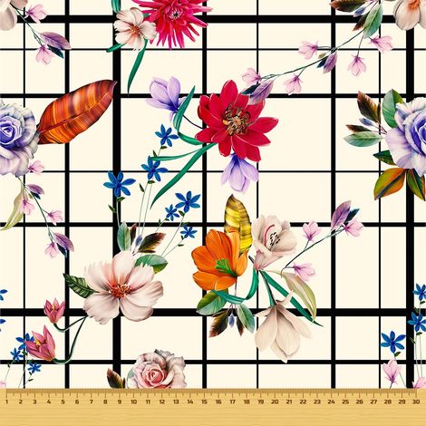 Tela Oxford decorativa para exteriores - Motivo de flores silvestres sobre fondo a cuadros I DR053 (1/5)