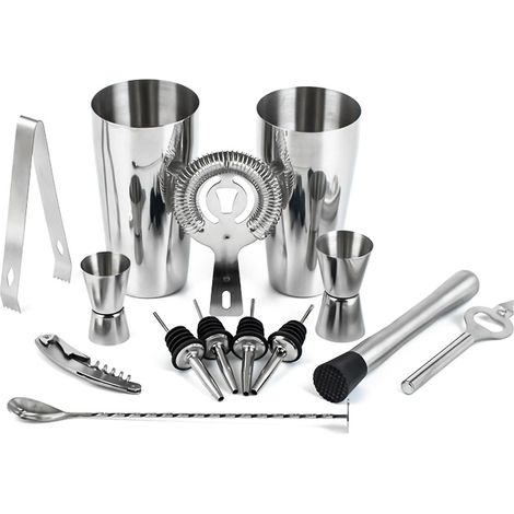 14-teiliges Mixologie-Barkeeper-Set, Cocktailshaker-Set mit Boston-Shaker, Jigger, Ausgießern und Eiscrusher
