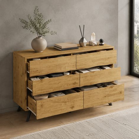 Aparador de 6 cajones 120 x 40 x 75,5 cm acabado madera con patas de metal negro DESVIAE (1/5)