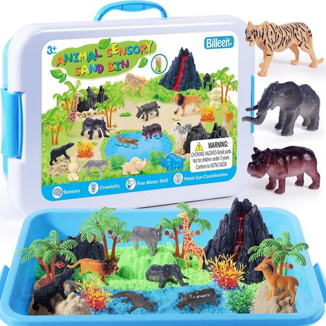 Coffret de bac sensoriel animalier avec sable magique 35 Pièces, Avec Couvercle, 1 kg de Sable, Moules et Outils Inclus, Carte Incluse, pour Enfants dès 3 ans (1/5)