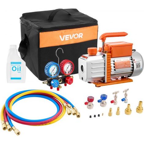 Kit de Bomba de Vacío y Manómetro 4,5 CFM 127 L/min, Bomba de Vacío de Paletas Rotativas, Compatible con R134a, R22, R410a, R1234YF y R32 para Aires Acondicionados de Automóviles y Hogares (1/5)