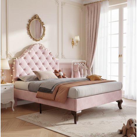 Letto imbottito in velluto rosa 90x200 cm con rete a doghe e testiera regolabile (1/5)