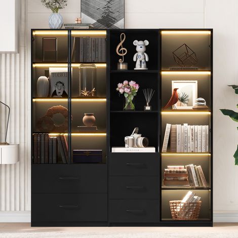 Modernluxe - Vitrine en verre 140x40x160 cm - Avec LED - 3 portes vitrées et 5 tiroirs - Noir (1/5)