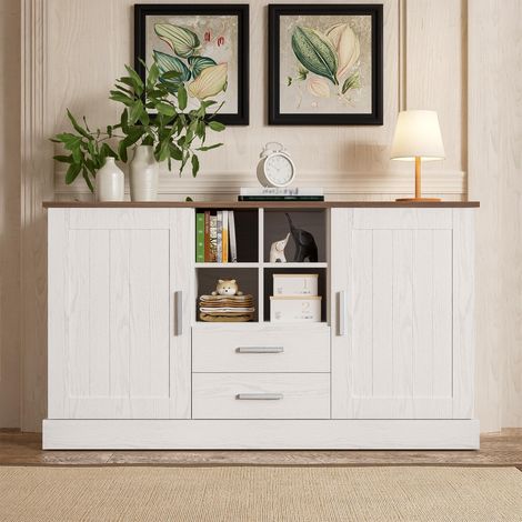 Buffet 140 x 40 x 79,5 cm, veinage bois blanc et marron - 2 portes, 2 tiroirs, haute qualité pour une utilisation durable