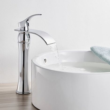 lune-Mixer Basin Faucet High Spout Waterfall Faucet for Washbasin and Basin Bathroom High Spout Single Lever for Countertop Basin Hand Wash Basin Chromed Brass