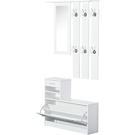 Mobile d'Ingresso Moderno Guardaroba Set Appendiabiti Specchio e Scarpiera 3 in 1 in Legno Bianco (1/5)