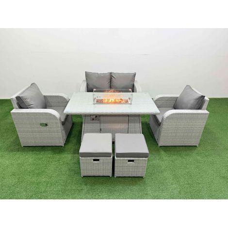 Fimous Light Grey PE Wicker Rattan Garden Furniture Set Sofa Set Reclining Chair Firepit Dining Table 6 Seater 2 Small Stools (1/4)