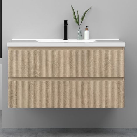 Aica Sanitaire – Meuble bas de salle de bain suspendu 100cm – Simple vasque en céramique – 2 tiroirs avec fermeture amortie – Chêne