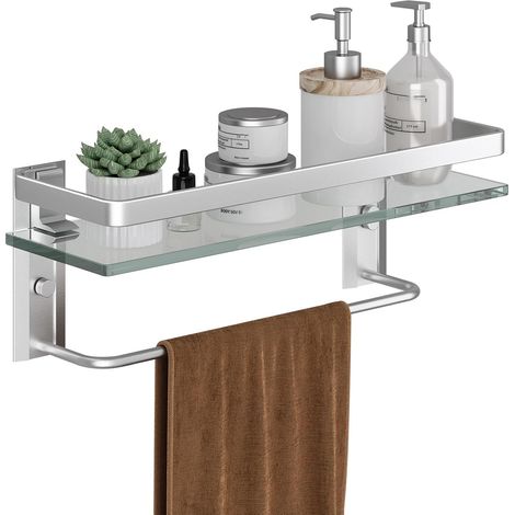 Argent Étagères de Salle de Bain Support de Douche en Verre avec Barre de Serviette Étagère Murale Rangement Douche avec Tablette (1/5)