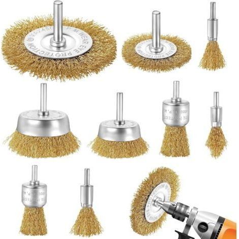 Lot de 9 Brosse Metallique pour Perceuse, Brosse Laiton pour Perceuse Queue de 6 mm, Brosses Meuleuse, Visseuse Perceuse à Pour nettoyer le métal/le bois/la peinture/le brossage de surface (1/5)