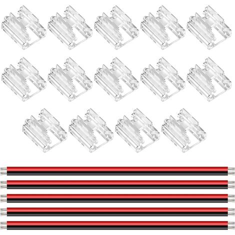 Kit di 14 connettori per strisce LED COB da 8 mm a 2 pin, trasparenti, con 5 cavi di prolunga da 15 cm in calibro 20AWG per saldatura, senza slot. (1/5)