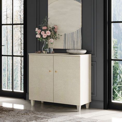 WAMPAT–Buffet–90 cm avec 2 portes et 3 compartiments – Effet lin, pieds en bois massif (1/5)