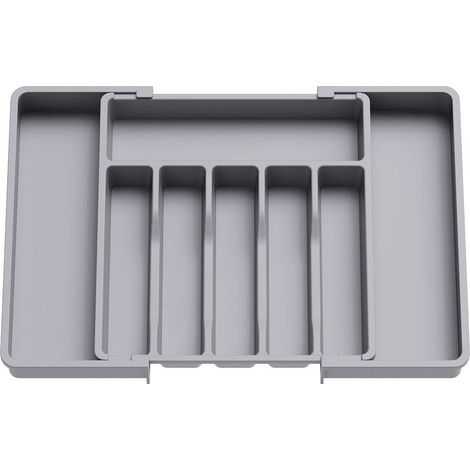 Bandeja para cubiertos, bandeja extensible para cajones, organizador de cajones ajustable para cocina, almacenamiento compacto de plástico para cucharas y tenedores, gris. (1/5)