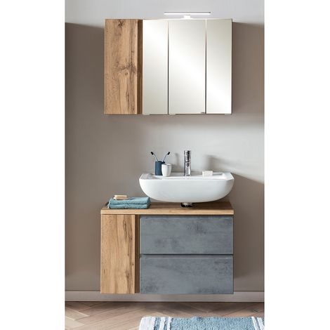 Waschbeckenunterschrank, rechts, mit Spiegelschrank, 85cm, LED Beleuchtung, VASTO-03-CONCRETE, Wotan Eiche Nb. mit Beton Optik, B/H/T ca. 85/200/35 cm (1/5)