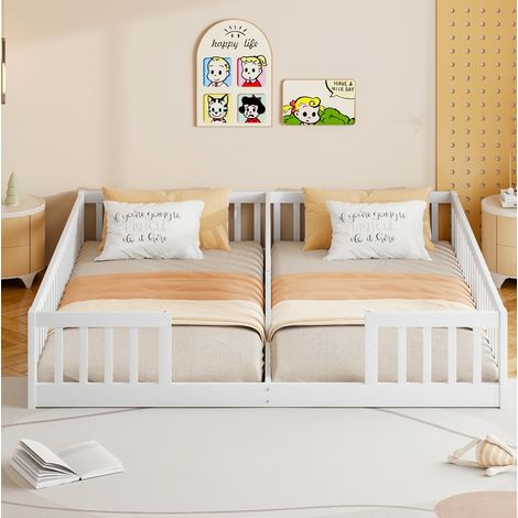 Lit enfant minimaliste en pin blanc 90x200 cm avec barrières de sécurité, structure basse, sans sommier (1/5)