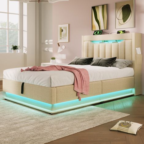 Cadre de lit 90x200 cm beige lin avec tête de lit de rangement, ports USB-C et USB, éclairage LED en tête et pied, coffre de rangement hydraulique, sans matelas. (1/4)