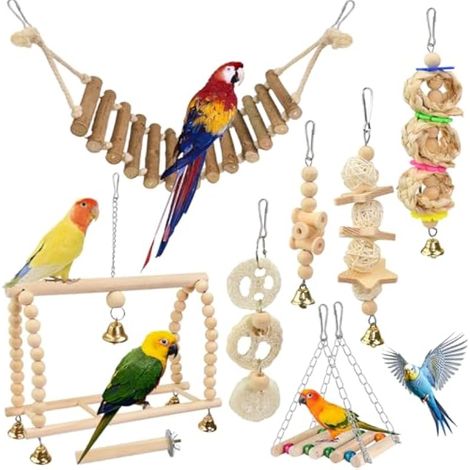 Lot de 8 Jouets en Bois Naturel pour Oiseaux – Perchoir, Balançoire, Hamac, Échelle et Clochette – Jouets à Mâcher et à Grimper – pour Perruche, Calopsitte, Inséparable – Accessoire de Cage (1/5)