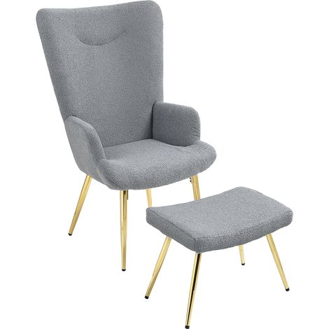 Fauteuil avec repose-pieds gris bouclette, dossier haut, pieds dorés, grand confort