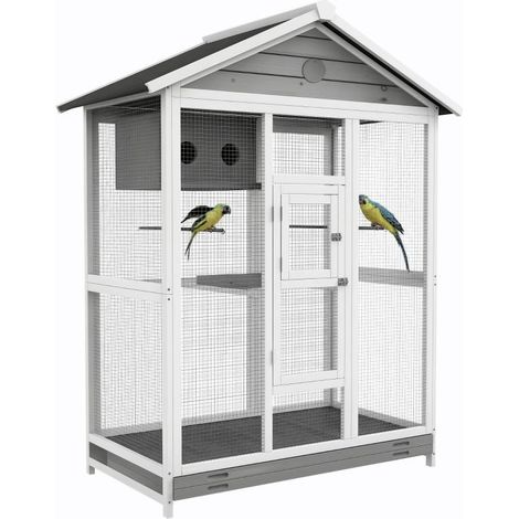 Cage à oiseaux en bois avec 4 perchoirs, toit en asphalte, étanche, 112 x 68 x 154 cm Ce produit est fabriqué avec des m (1/5)
