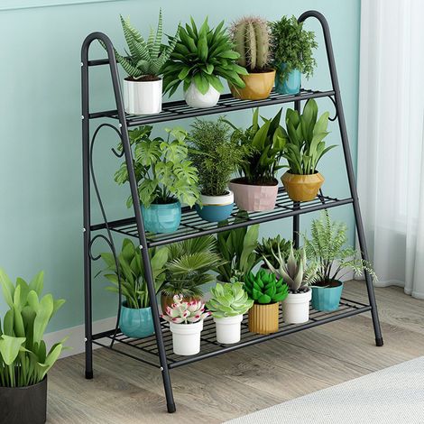 Support de plantes à 3 niveaux en métal - Pour l'intérieur et l'extérieur - Échelle décorative peu encombrante - Pour salon, balcon, jardin - Noir (1/5)