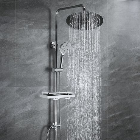 JOHO Duschsäule ohne Armatur – Regendusche rund 30 cm aus Edelstahl – Duschstange mit Ablage – Handbrause – Wassersparfunktion – Chrom