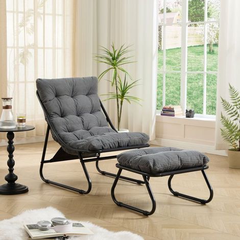 Fauteuil de Jardin repose-pieds fauteuil inclinable assise à sangle coussin moelleux cadre noir (1/5)