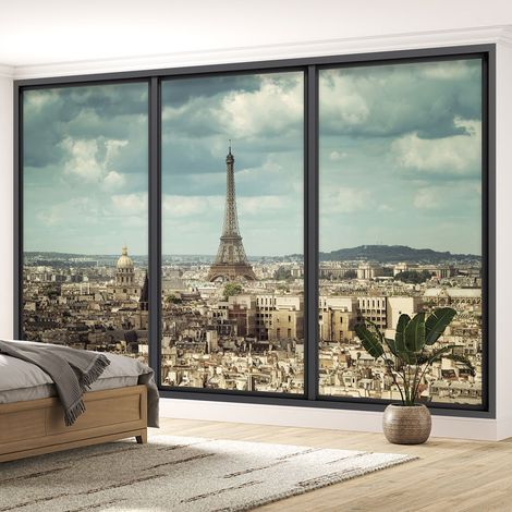 Papier peint panoramique Trompe l'oeil baie vitrée - Paris tour eiffel - 130 cm x 78 cm (1/5)