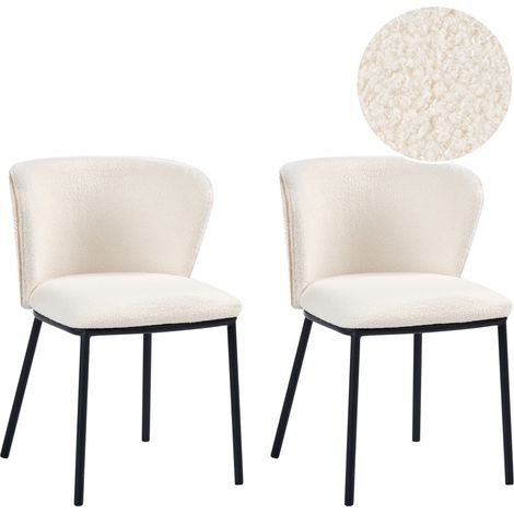 Conjunto de 2 sillas de comedor de bouclé con patas de hierro negras sin reposabrazos tapones para las patas diseño minimalista moderno blanco crema Hoskin