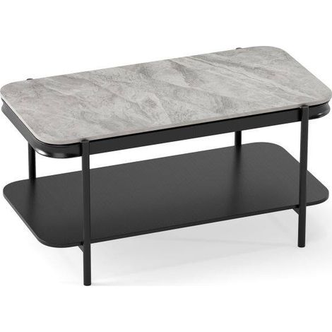 Table basse rectangulaire avec rangement, plateau en pierre frittée, cadre métal gris pour salon (1/5)