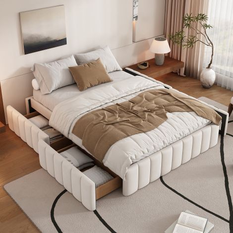 Cama adulto 140x200 cm tapizada cama adulto, cama con cajones y somier de láminas, en terciopelo beige, sin colchón (1/5)
