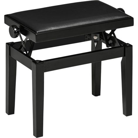 Tabouret de piano réglable en hauteur avec coussin en simili cuir, cadre en bois de caoutchouc noir, 63 x 33 x 45-56 cm (1/5)