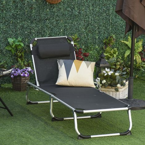Transat pliable, chaise longue de jardin avec appui-tête, chaise longue avec dossier réglable 4 positions, chaise longue de camping, charge maximale 120 kg, pour parcs et jardins, noir