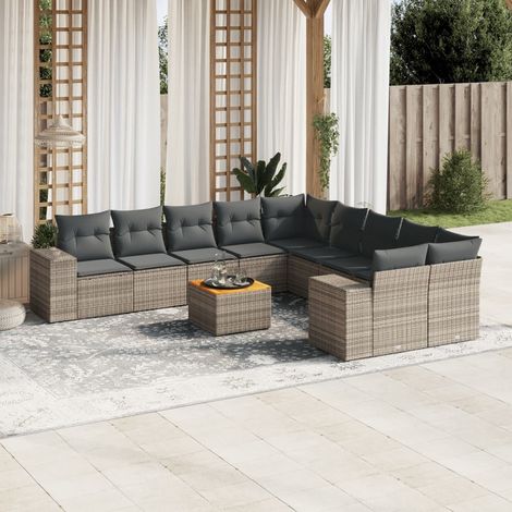Ensemble de jardin modulaire 11 pièces, salon résine tressée gris avec table acacia et rangements (1/3)