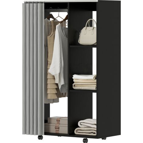 Schwarzer, mobiler Kleiderschrank mit 4 Rollen, Kleiderstange und offenen Regalböden, 80 x 40 x 128 cm