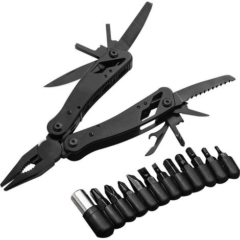 Pince Multifonction Noire en Acier Inoxydable avec Couteau Rétractable et Embouts Tournevis (1/5)