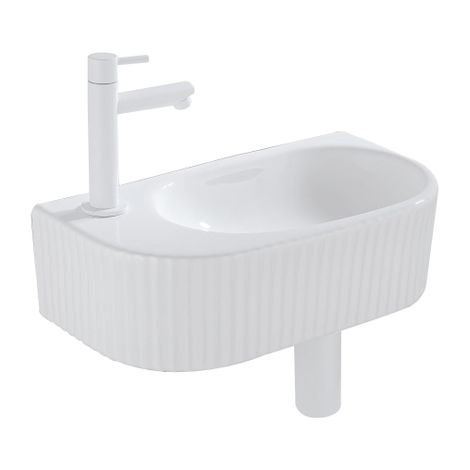 QeramiQ Fuente Ensemble de Lavabo - 40x21.5x12cm - gauche - strié - demi-rond - 1 trou de robinet - céramique - ensemble de robinet blanc mat -